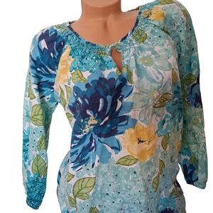 Charter Club Linen Top Floral Blouse Womens 10‎ Blue Yellow Smocked excellent